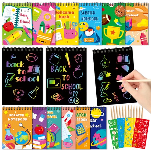 BeYumi 72Pcs Welcome Back to School Scratch Notebooks Craft Kit Mini Scratch Arts Notebooks Coloring Books DIY Magic Scratch Note Pads First Day of School Party Favors School Classroom Activity Kids
