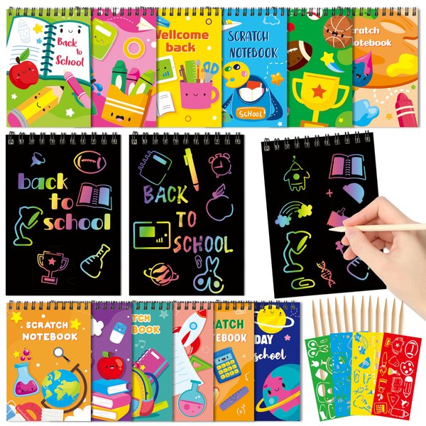 BeYumi 72Pcs Welcome Back to School Scratch Notebooks Craft Kit Mini Scratch Arts Notebooks Coloring Books DIY Magic Scratch Note Pads First Day of School Party Favors School Classroom Activity Kids