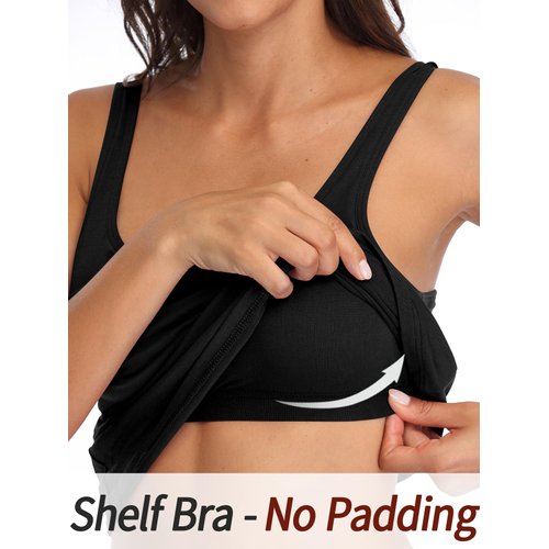 V FOR CITY Black Tank Top for Women with Shelf Bra Adjustable Wide Strap Camis Cotton Undershirt