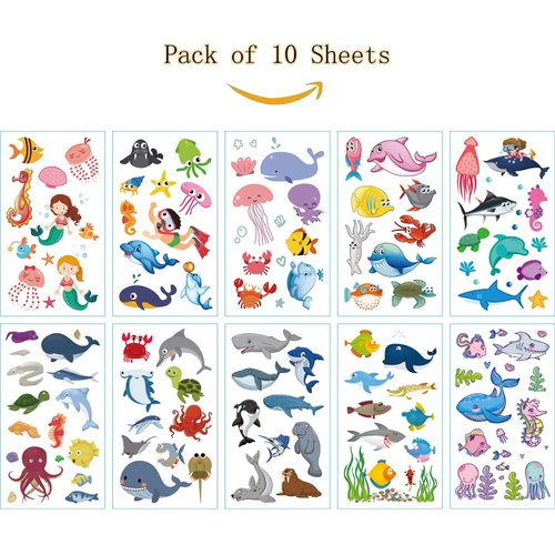 SIX VANKA (Pack of 10 Sheets) Marine Animal Waterproof Temporary Tattoo Stickers for Kids Boys and Girls, Party Favors Decorations