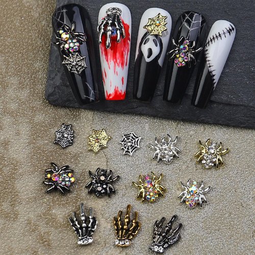 Halloween Nail Charms 3D Spider Hand Alloy Nail Art Supplies Black Gold Silver Charms Nail Jewelry for Women Halloween DIY Nail Art Decoration Accessories 36Pcs