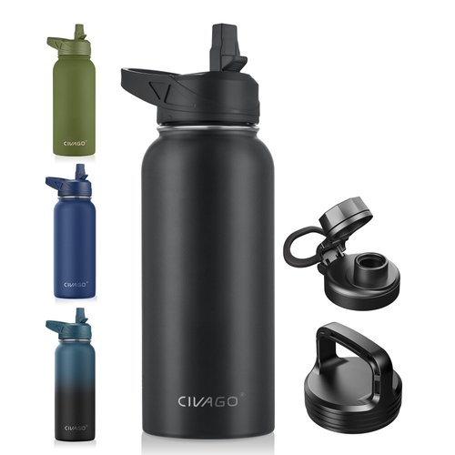 CIVAGO 32 oz Insulated Water Bottle With Straw, Stainless Steel Sports Water Cup Flask with 3 Lids (Straw, Spout and Handle Lid), Wide Mouth Travel Thermal Mug, Black