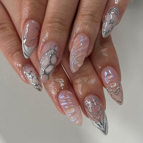 24 Pcs Almond Press on Nails Medium Fake Nails Nude Full Cover Stick on Nails with Silvery Glitter Designs Acrylic Nails Glossy False Nails 3D Water Ripple Nail Charms French Nails for Women Girls