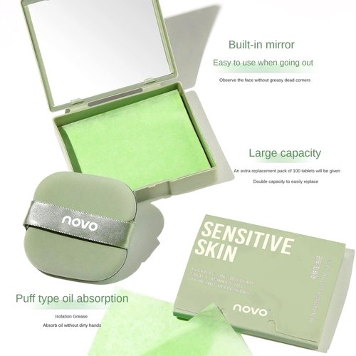 Novo Oil Absorbing Sheets with Mirror & Powder Puff – 100 Sheets, Instant Shine Control, Portable & Travel-Friendly, Convenient Oil Control, Non-Greasy Skin, Easy to Use, Unisex