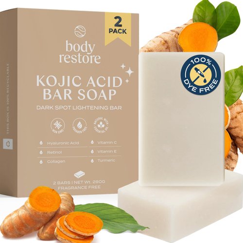 Body Restore Kojic Acid Soap, (Fragrance Free 2 Pack), with Vitamin C,E, Shea Butter, Collagen, Hyaluronic Acid, Turmeric, Retinol For Dark Spots, Paraben Free