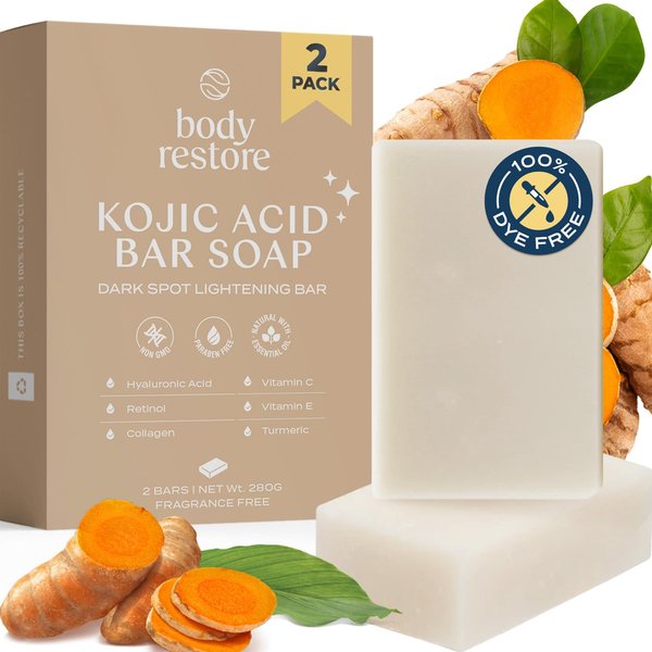 Body Restore Kojic Acid Soap, (Fragrance Free 2 Pack), with Vitamin C,E, Shea Butter, Collagen, Hyaluronic Acid, Turmeric, Retinol For Dark Spots, Paraben Free