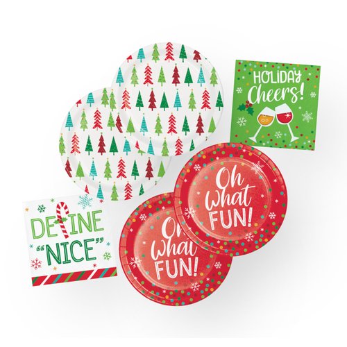 Creative Converting Holiday Cheers Red and Green Funny Christmas Party Plates and Napkins (64 Piece)