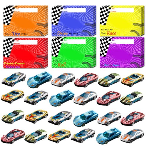 DASDSA Valentines Cards for Kids, 24 Die-Cast Racing Cars with Valentine's School Classroom Exchange Greeting Cards, Vehicle Party Favor Toy Supplies