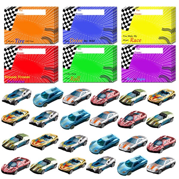DASDSA Valentines Cards for Kids, 24 Die-Cast Racing Cars with Valentine's School Classroom Exchange Greeting Cards, Vehicle Party Favor Toy Supplies