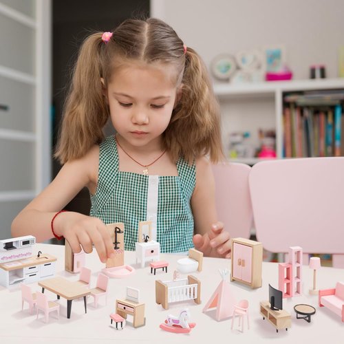 Giant bean 32pcs Wooden Dollhouse Furniture Set 5 Rooms, Wood & Plastic Pink Dollhouse Accessories Pretend Play Furniture Toy Christmas Birthday Gift Toy for Kids Boys Girls Toddler 3+