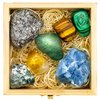 CRYSTALYA Abundance and Prosperity Healing Crystals, 100% Authentic, Wooden Gift Box + 50pg EBOOK- Malachite, Pyrite, Citrine, Aventurine, Blue Calcite, Tree Agate, Tiger Eye + Info Guide, Made in USA
