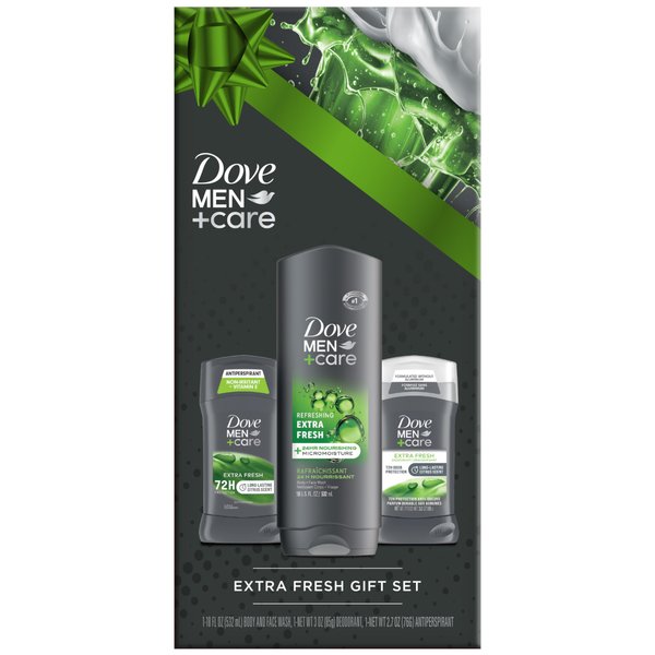 Dove Men + Care Extra Fresh Bundle – Men’s Body Wash, Aluminum-Free Deodorant + Antiperspirant, 72H Protection, Citrus Scent (3 Piece Set)