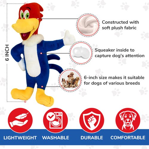 Woody Woodpecker Bird Dog Toy 6" Small | Funny Bird Dog Toy | Woody Woodpecker Dog Toy Plush Small | Woodpecker Dog Toy Squeaker 6" | Multicolor | Officially Licensed