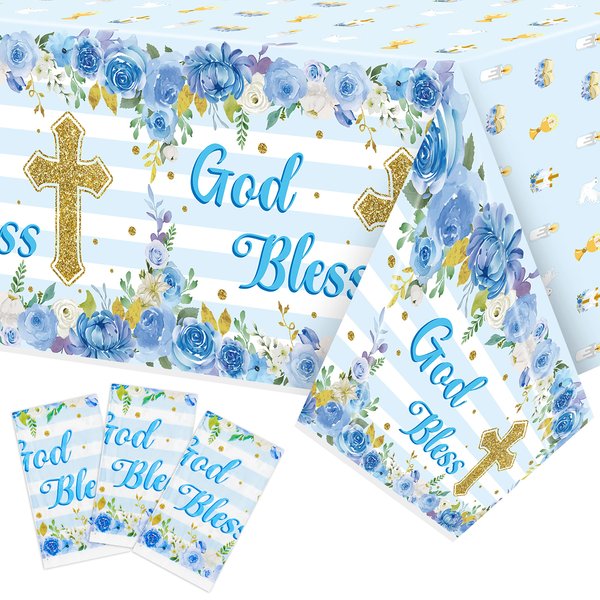 BkeeCten 3 Packs Blue Baby boy Baptism Party Tablecloths Decorations Flower Theme Disposable Plastic Waterproof Rectangle God Bless Table Cover for boy Baby First Communion Party Favor Supplies