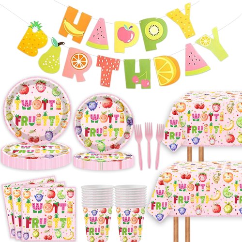 118 Pcs Twotti Frutti Birthday Decorations Summer Fruit Two Years Old Paper Plates Napkins Forks Cups Tablecloth Banner Dinnerware for Luau Fruit Theme 2nd Birthday Party Decorations Supplies