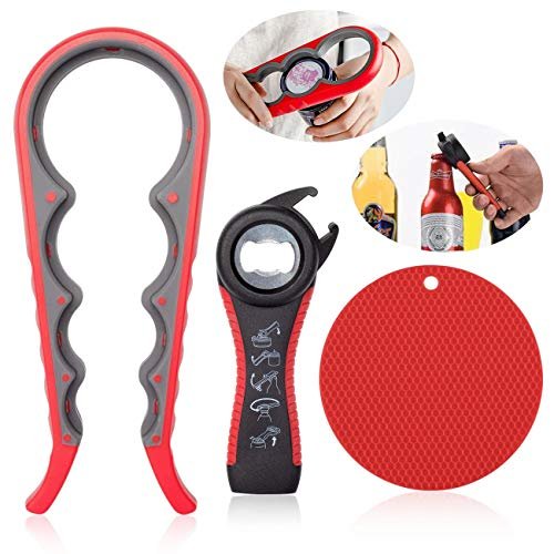 Jar Bottle Opener Non Slip Jar Gripper - Pad Rubber Jar Can Lid Opener,5 in 1 Multi Function Non-Slip Opener for Weak,Senior, Arthritis Hands (3-piece set)