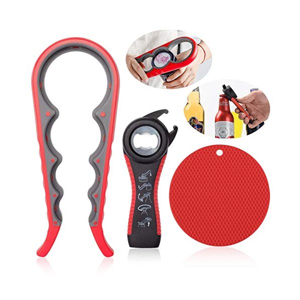 Jar Bottle Opener Non Slip Jar Gripper - Pad Rubber Jar Can Lid Opener,5 in 1 Multi Function Non-Slip Opener for Weak,Senior, Arthritis Hands (3-piece set)