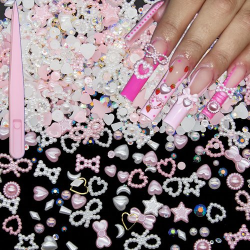 800Pcs Pink White Pearls Nail Charms Variety Heart Star Bow Round Flatback Nail Pearls Charms AB Resin Rhinestones for Manicure DIY Crafts Accessories