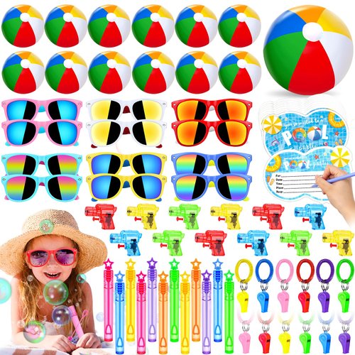 ESAG 72Pcs Pool Party Favors Summer Supplies for Kids - Beach Ball Sunglasses Whistle Bubble Wands Invitation Cards and More, Boys Girls Ages 4-8 8-12 Summer Beach Birthday Favors Pool Party Supplies
