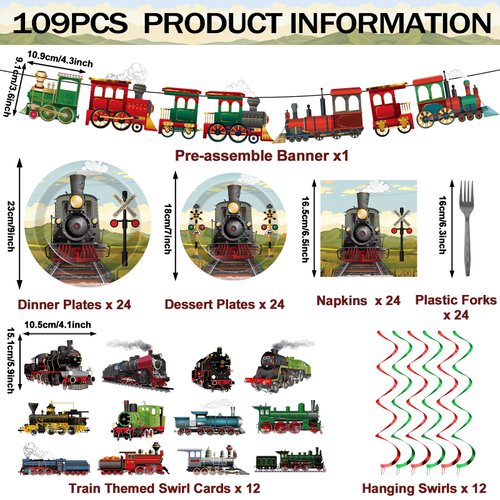 party greeting 109Pcs Train Birthday Party Supplies Includes Steam Train Party Plates Napkins Fork Retro Train Banner Hanging Ceiling Swirls for Train Transportation Baby Shower Party Decorations Set