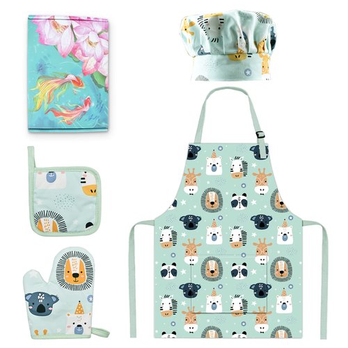 Pipoobear Kids Apron with Chef Hat Oven Mitt Hot Pad for Boys and Girls Aged 2-6, Cute Toddler Cotton Aprons Set with Pocket for Kitchen Cooking Baking Painting