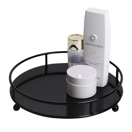 Jewelry Tray Perfume Display Organizer Bathroom Storage Vanity Tray Tabletop Display for Cosmetic, Candle, Jewelries, 8" Round Black, Small