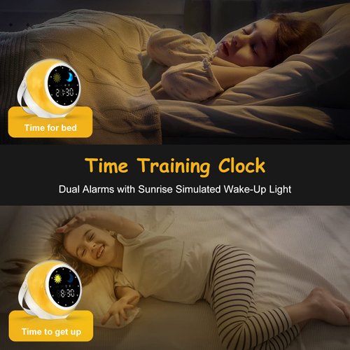 Kids Alarm Clock for Bedroom Decor, Ok to Wake Digital Clock for Toddlers with Sunrise & Moon, White Noise Sound Machine & Night Light for Girl/Boy, Children Sleep Trainer (Yellow) Mini