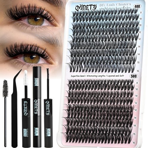 QUNETY Lash Clusters Kit 360 Clusters Lash Extension Kit 40D+50D DIY Eyelash Extensions Kits C curl Individual Wispy Lashes Cluster Natural Eye Lash Extension Trays with Glue&Tweezers for Beginners