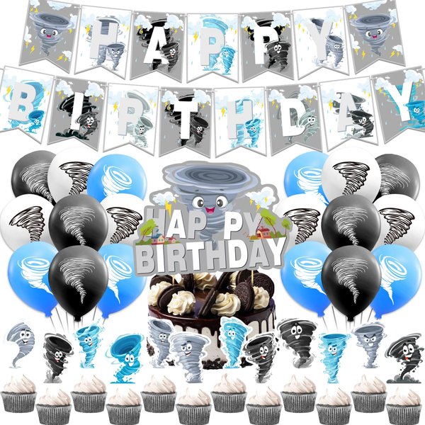 Tornado Party Decorations Tornado Birthday Decorations Set, Tornado Party Supplies Includes Birthday Banner, Cake Topper, Cupcake Toppers, Latex Balloons
