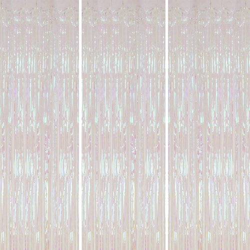 DECOCKRAT 3 Pack Foil Fringe Backdrop, 3.3x8.2 Feet Tinsel Curtains, Transparent Rainbow Party Decor Steamers, Fringe Backdrop Curtains for Birthday Graduation Christmas Theme Party Decorations