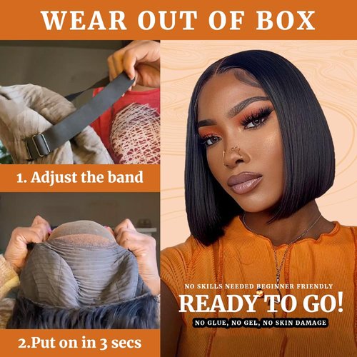 GUDOZO Bob Wig Human Hair Glueless Wigs Human Hair Pre Plucked Pre Cut 4x4 HD Lace Front Glueless Wigs Human Hair 180% Density Short Straight Bob Wigs for Black Women 12 inch