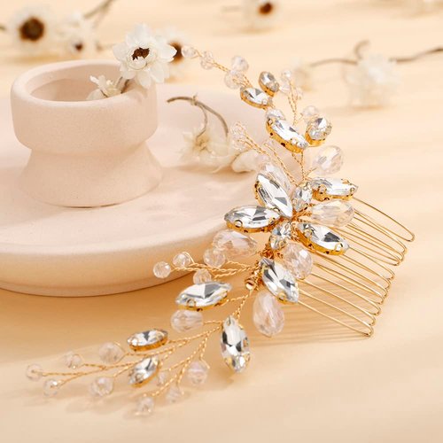 Teyglen Bridal Gold Rhinestone Crystal Hair Comb Headband Handmade Wedding Hair Pieces for Bride Floral Headpieces Hair Accessories for Women Girls (Gold)