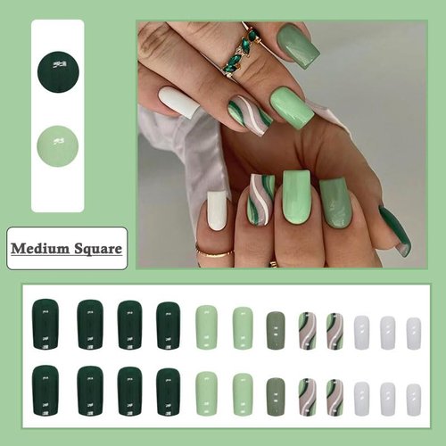 BAOYAALIN Green Press on Nails Medium Square Fake Nails with Fashion Swirl Design Full Cover Press ons Artificial Acrylic False Stick on Nail for Women Girls Daily Wear Wedding Manicure 24Pcs