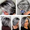 Jolelyne Short Dark Gray Bob Wigs Wavy Layered Bob Wig with Curtain Bangs for Women Synthetic Highlight Sliver Ombre Grey Bob Wig Pixie Cut Wig Gray Hair Wigs for Women Black Mixed Gray Wavy Wig