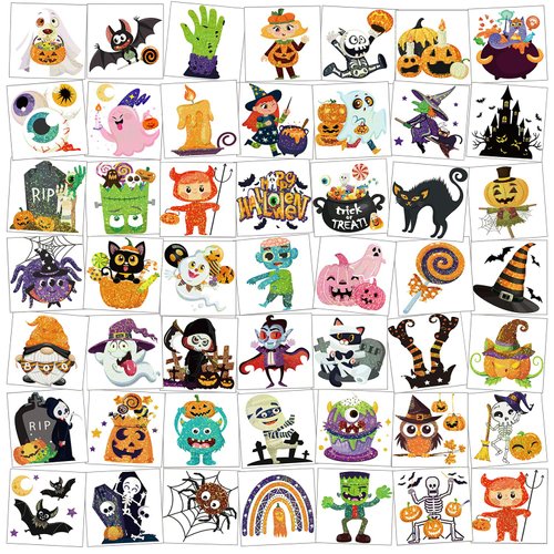 Halloween 96pcs Glitter Halloween Tattoos for Kids,Glittery Halloween Temporary Tattoos Pumpkin Bat Fake Tattoos for Trick or Treat Party Favors Halloween Goody Bags Fillers,Halloween Tattoos Stickers
