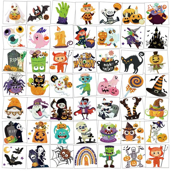 Halloween 96pcs Glitter Halloween Tattoos for Kids,Glittery Halloween Temporary Tattoos Pumpkin Bat Fake Tattoos for Trick or Treat Party Favors Halloween Goody Bags Fillers,Halloween Tattoos Stickers