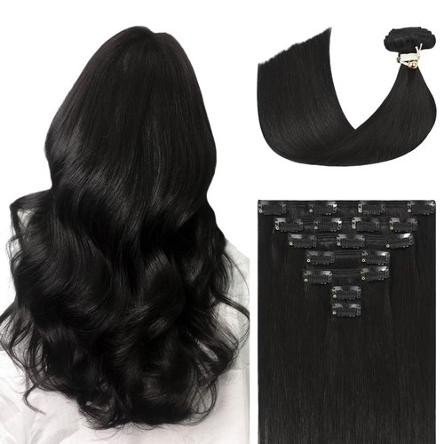 Ukira Hair Extensions Real Human Hair Clip ins, Natural Black Hair Extensions Clip in Human Hair 120g 16 Inch #1B 7Pcs Clip on Hair Extensions Black Natural Straight Remy Hair Extensions for Women