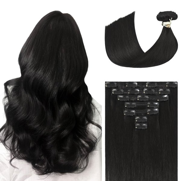 Ukira Hair Extensions Real Human Hair Clip ins, Natural Black Hair Extensions Clip in Human Hair 120g 16 Inch #1B 7Pcs Clip on Hair Extensions Black Natural Straight Remy Hair Extensions for Women