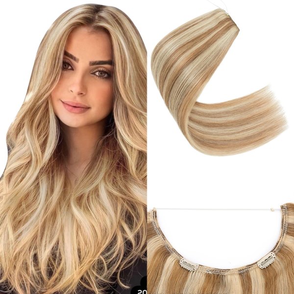 Halo Hair Extensions Human Hair,SEGO 100% Real Human Hair Extensions Halo, Wire Hair Extensions with Invisible Wire and Clips, Halo Hair Extension for Women,22Inch Golden Brown Mixed Bleach Blonde,75g