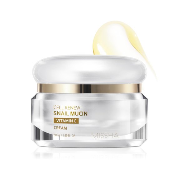 MISSHA Cell Renew Snail Mucin Vitamin C Cream 1.69 Fl oz, Hydrating Snail Mucin, Korean Skin Care for Improved Skin Texture & Youthful Glow, Glass Skin, Korean Moisturizer, Kbeauty, Paraben Free