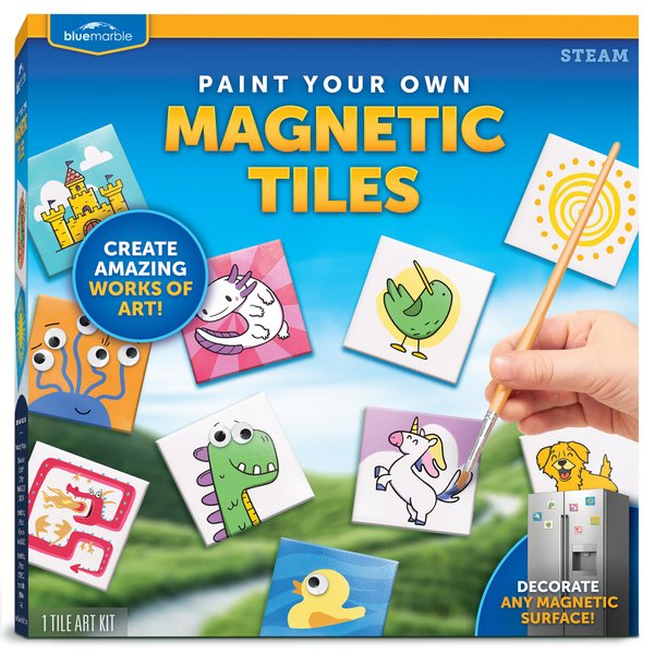 Blue Marble Magnetic Tile Art Craft Kit - Paint Your Own Magnetic Mini Tiles, Includes 10 Tiles, Magnets, 6 Paints, Brush, Googly Eyes & Transfer Stickers, Magnet Art Kit, DIY Magnets for Kids