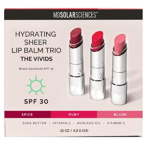 MDSolarSciences Tinted Lip Balm SPF 30 Trio (Vivids) Sheer Hydrating Sunscreen for Lips – Vegan, Gluten Free, Moisturizing Shea Butter and Avocado Oil 0.45 Oz