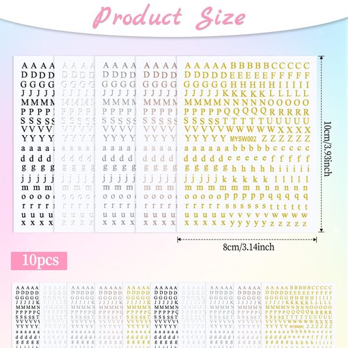 10 Sheets Letter Nail Art Stickers, Small Letter Nail Art Design Stickers, Glitter English Alphabet Nail Decals, Self-Adhesive Letter Nail Stickers for DIY Nail Decoration(5 Colors)