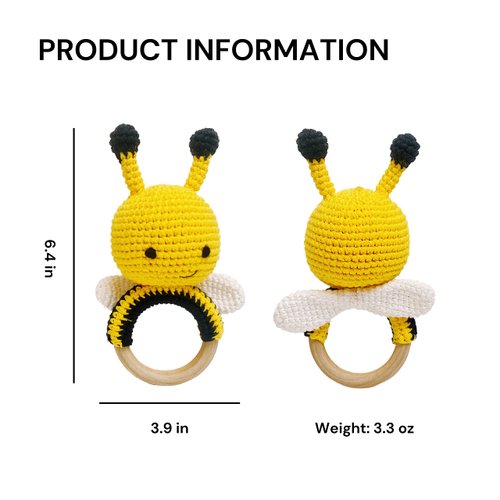 Bunny Wooden Baby Rattle, Crochet Bee Rattle Toy, Handmade Bee Stuffed Animal, Eye-catching Colored Toy for Toddlers, Bumble Bee Toy for Honey Bee Decord-held Crochet for Young Toddlers