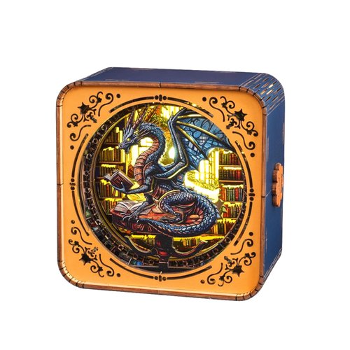 3D Wooden Puzzle Night Light, Library Dragon DIY Puzzles for Adults, Eye Care Night Light with Touchable Switch, Personalized Gifts for Family Friend DIY Puzzle Lover