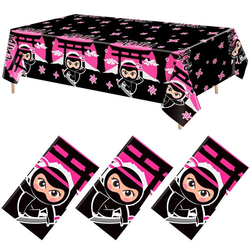 Gejoy 3 Pcs Ninja Tablecloth Plastic Disposable Table Cover Ninja Table Cloth Ninja Party Supplies for Boys and Girls Ninja Themed Party Decorations Supplies Favors, 51 x 108'' (Pink and Black)