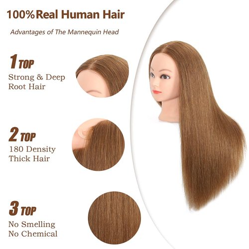 ZOMOI Mannequin Head 100% Human Hair,Hairdresser Cosmetology Mannequin Doll Head Practice Braiding Head with Free Clamp (27#Light Brown)