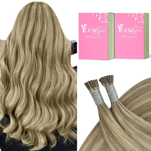 YoungSee I Tip Hair Extensions Human Hair Highlight I Tip Extensions Human Hair Light Brown Highlight Blonde Itip Extensions Real Human Hair 22 Inch I Tip Remy Hair Extensions Soft and Shiny 50s/50g