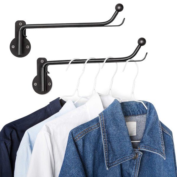 Mkono Wall Mounted Clothes Hanger Rack with Swing Arm Holder Valet Hook Metal Hanging Drying Rack Space Saving for Closet Organizer Laundry Room Bathroom Bedroom, 2 Pack, Black