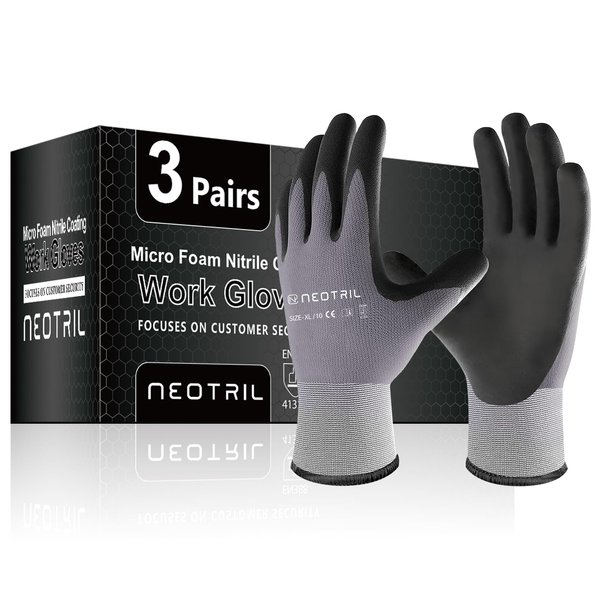 NEOTRIL Safety Work Gloves MicroFoam Nitrile Coated-3 Pairs, Seamless Knit Nylon Bulk Pack Working Gloves with Grip for Men Women Light Duty Work,Automotive,Warehouse (Gray,S)